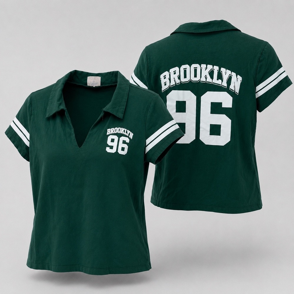 Dirtee Laundry Women L Green Brooklyn 96 V Neck Collared Graphic Varsity Shirt